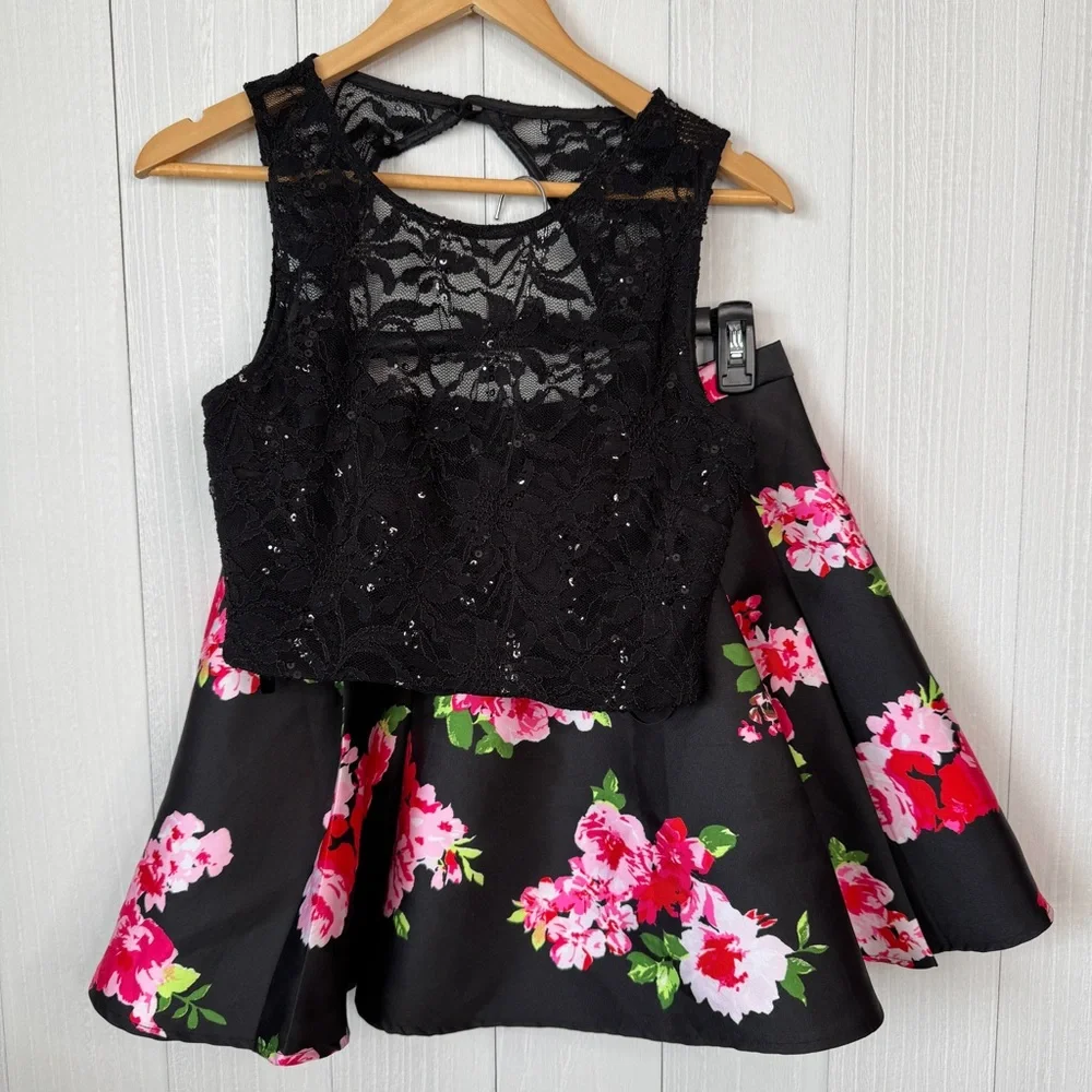 B Darlin 2-Piece Lace Floral Black and Pink Cocktail/Party Dress